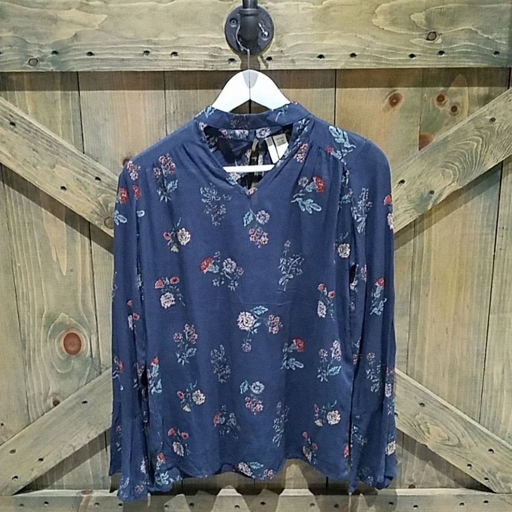 BLUE FLORAL BLOUSE WITH TULIP CUFFS LONG SLEEVE